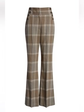 Halogen Brown Plaid Boot-Cut Flare Pants with Button Detail
